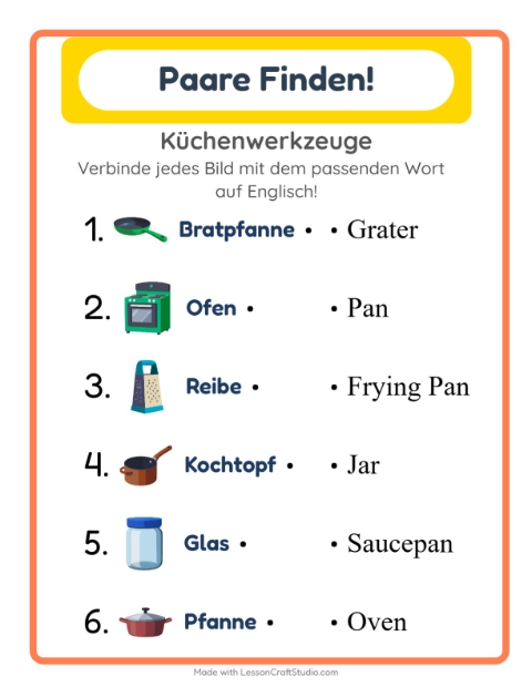Englische Bild-Wort-Zuordnung – Küchenwerkzeuge