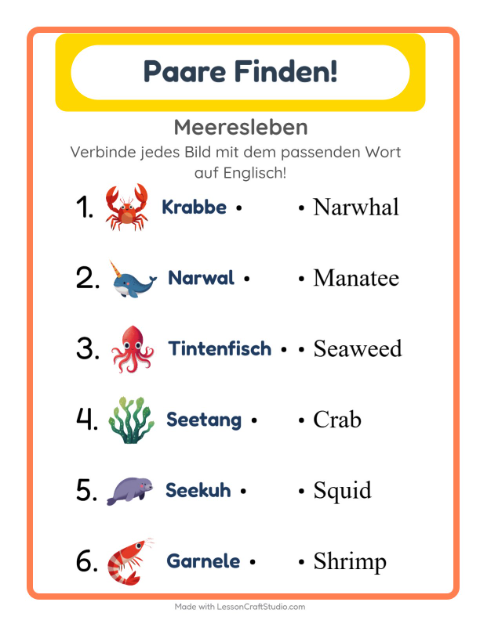 Englische Bild-Wort-Zuordnung – Meeresleben