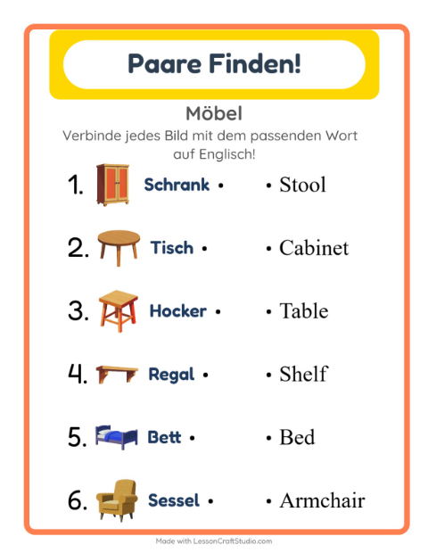 Vorschau: Englisch lernen: Möbel – Bild-Wort-Zuordnung für Kinder