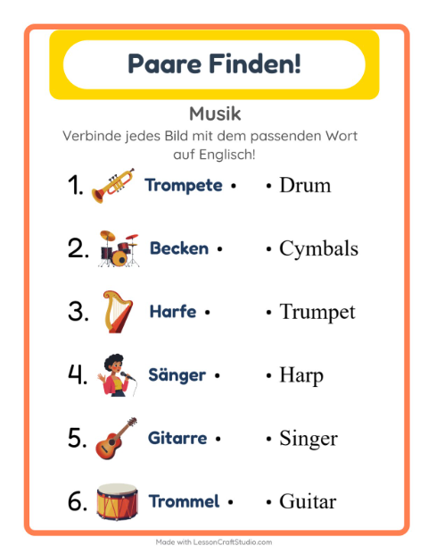 Englische Bild-Wort-Zuordnung – Musik