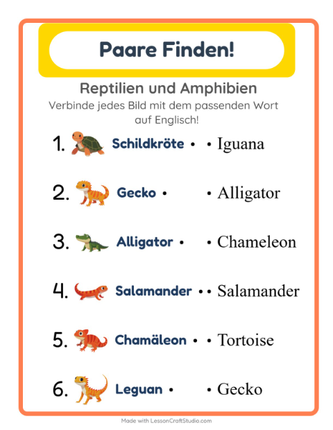 Englische Bild-Wort-Zuordnung – Reptilien und Amphibien