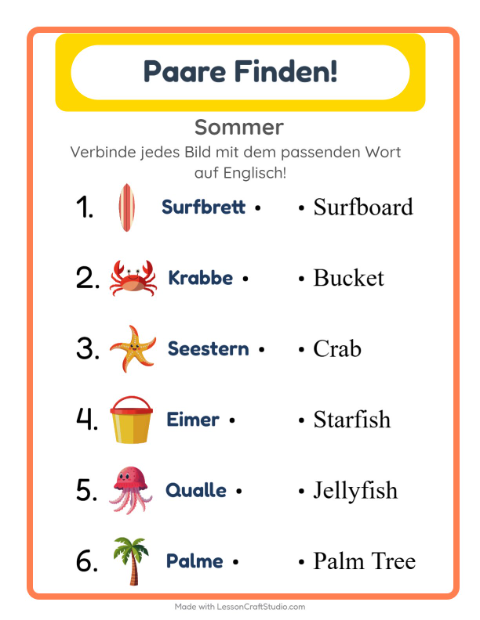 Englische Bild-Wort-Zuordnung – Sommer