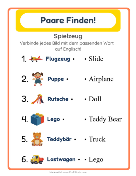 Englische Bild-Wort-Zuordnung – Spielzeug