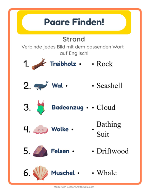 Vorschau: Englisch lernen: Strand – Bild-Wort-Zuordnung für Kinder