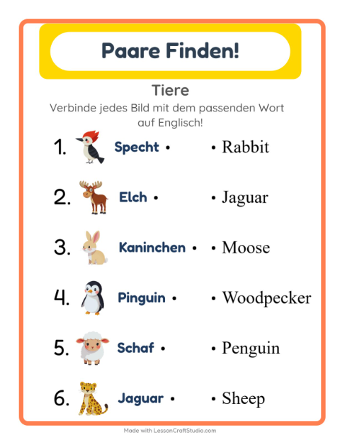 Englische Bild-Wort-Zuordnung – Tiere