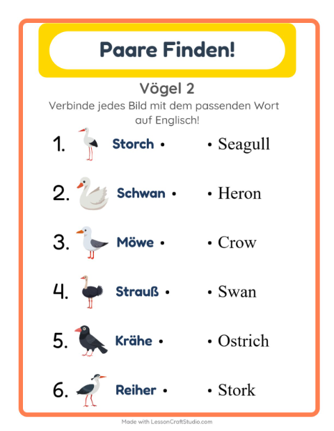Englische Bild-Wort-Zuordnung – Vögel 2