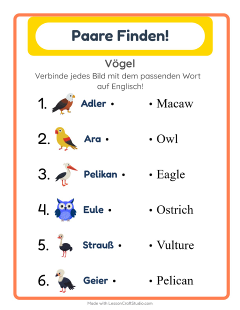 Englische Bild-Wort-Zuordnung – Vögel