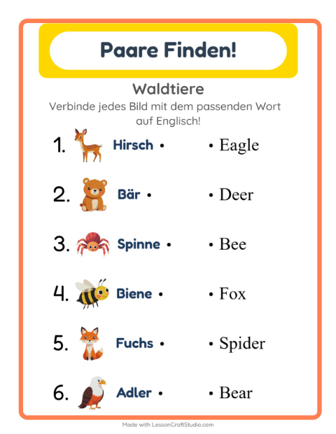 Englische Bild-Wort-Zuordnung – Waldtiere