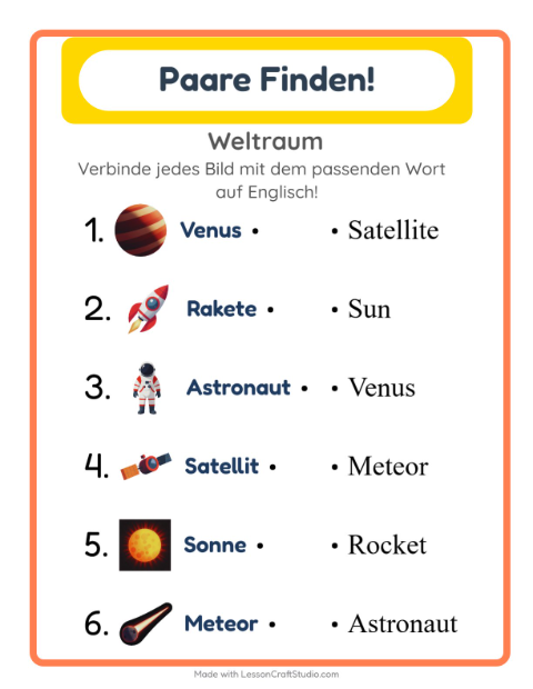 Englische Bild-Wort-Zuordnung – Weltraum