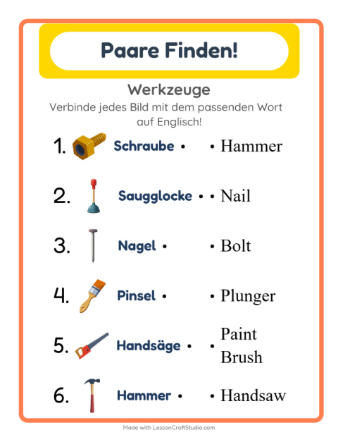 Englische Bild-Wort-Zuordnung – Werkzeuge
