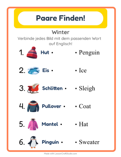 Englische Bild-Wort-Zuordnung – Winter