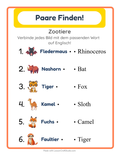 Englische Bild-Wort-Zuordnung – Zootiere