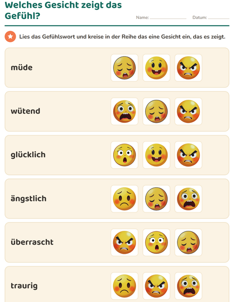 Welches Gesicht zeigt das Gefühl? Eins von drei einkreisen
