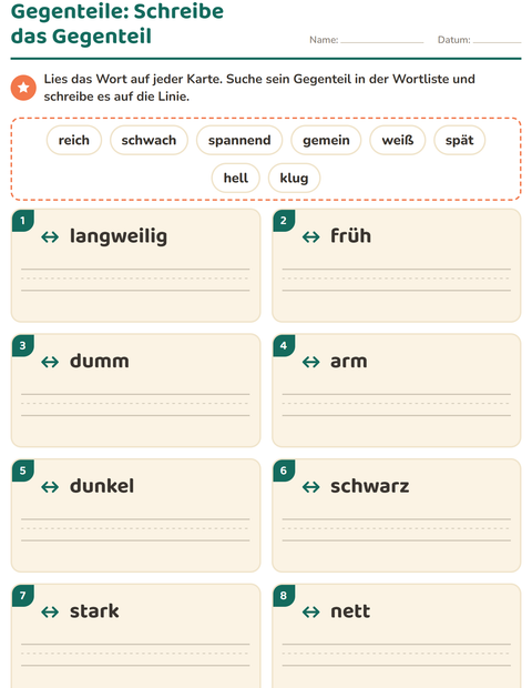 Vorschau: Gegenteile-Arbeitsblatt für 1. Klasse