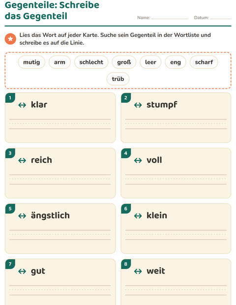 Vorschau: Gegenteile-Arbeitsblatt für 1. Klasse