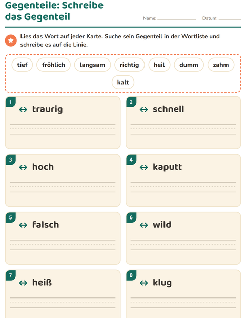 Vorschau: Gegenteile-Arbeitsblatt für 1. Klasse