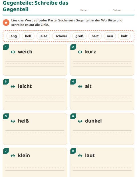 Gegenteile – das Gegenteil aus der Wortliste schreiben