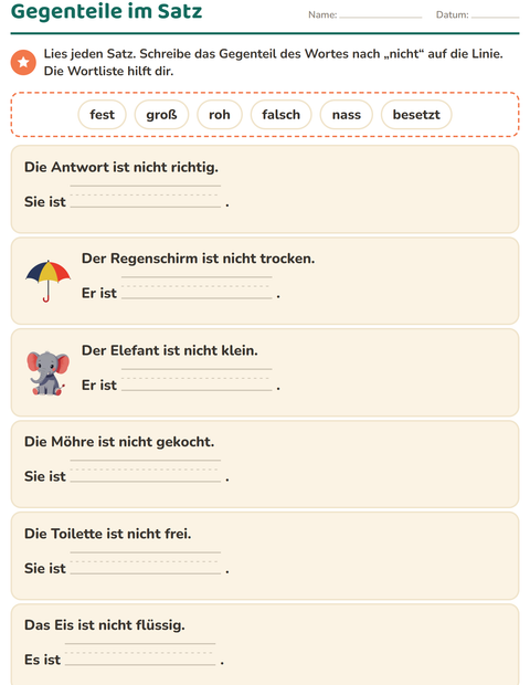 Vorschau: Gegenteile-Arbeitsblatt für 1. Klasse