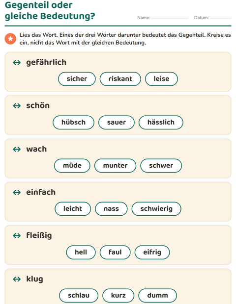 Vorschau: Gegenteile-Arbeitsblatt für 1. Klasse