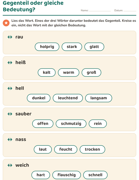 Gegenteil oder gleiche Bedeutung? – das Gegenteil einkreisen, das ähnliche Wort stehen lassen