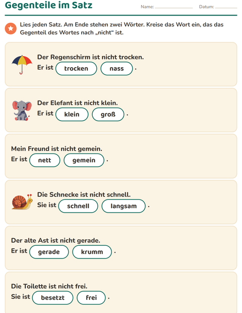 Vorschau: Gegenteile-Arbeitsblatt für 1. Klasse