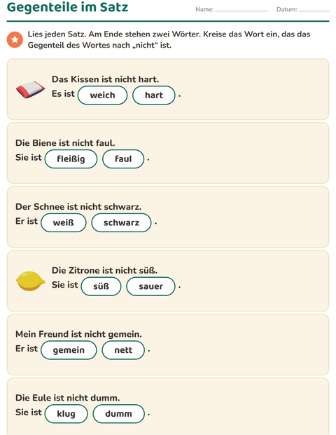 Vorschau: Gegenteile-Arbeitsblatt für 1. Klasse