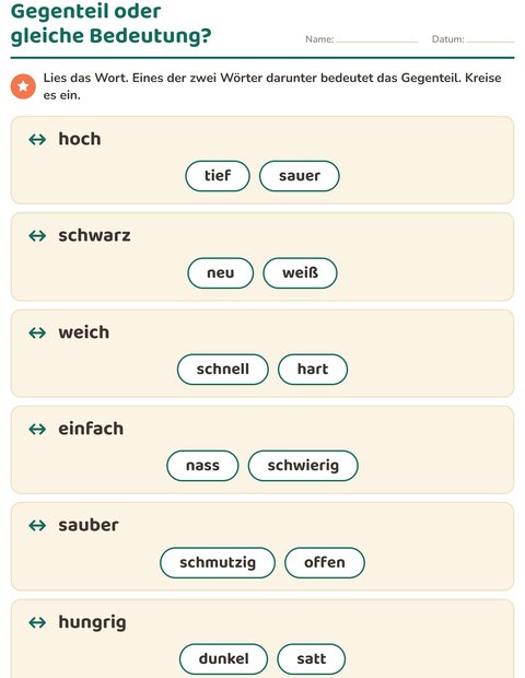 Vorschau: Gegenteile-Arbeitsblatt für 1. Klasse