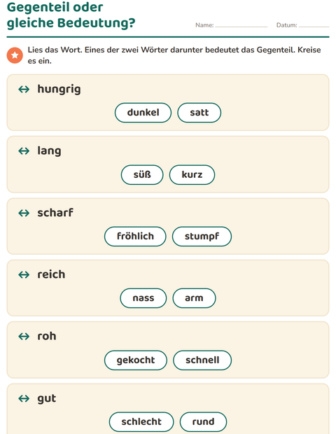 Vorschau: Gegenteile-Arbeitsblatt für 1. Klasse