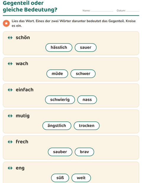 Vorschau: Gegenteile-Arbeitsblatt für 1. Klasse