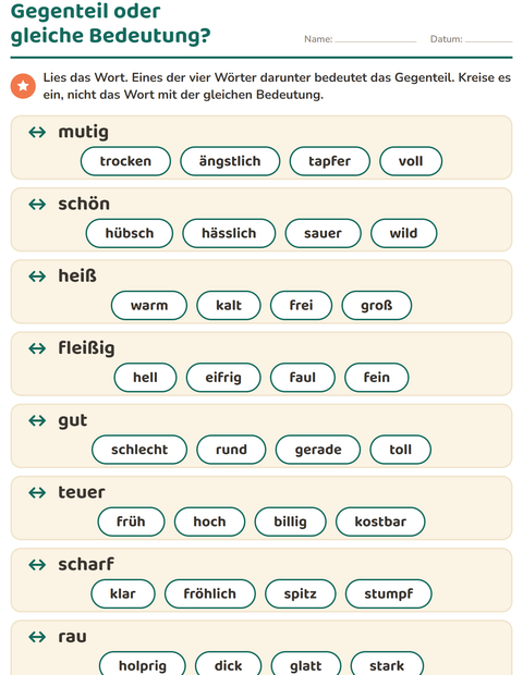 Vorschau: Gegenteile-Arbeitsblatt für 1. Klasse