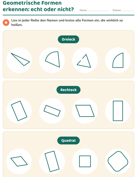 Vorschau: Geometrische Formen-Arbeitsblatt für 1. Klasse