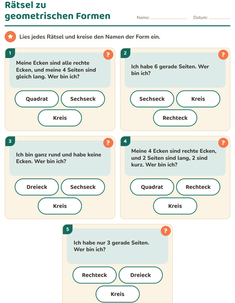 Vorschau: Geometrische Formen-Arbeitsblatt für 1. Klasse
