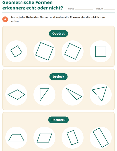 Vorschau: Geometrische Formen-Arbeitsblatt für 1. Klasse