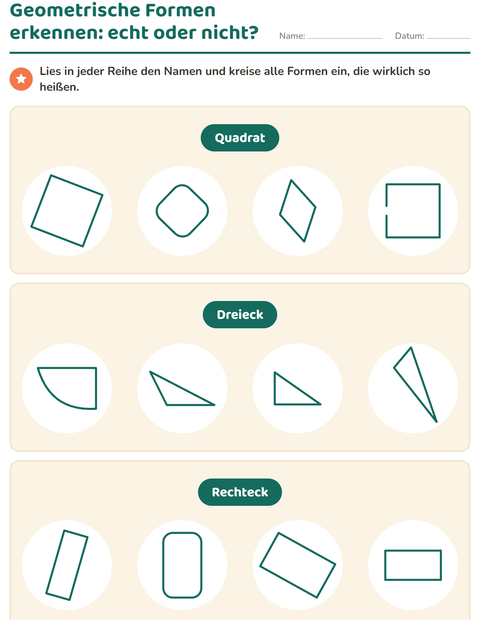 Vorschau: Geometrische Formen-Arbeitsblatt für 1. Klasse