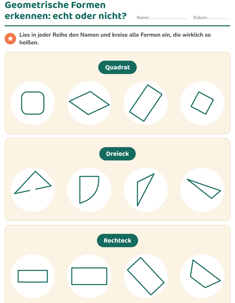 Vorschau: Geometrische Formen-Arbeitsblatt für 1. Klasse