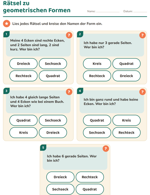 Vorschau: Geometrische Formen-Arbeitsblatt für 1. Klasse