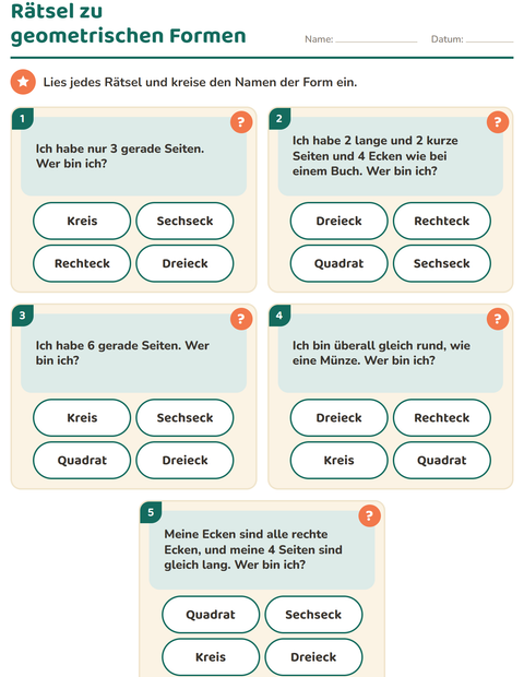 Vorschau: Geometrische Formen-Arbeitsblatt für 1. Klasse