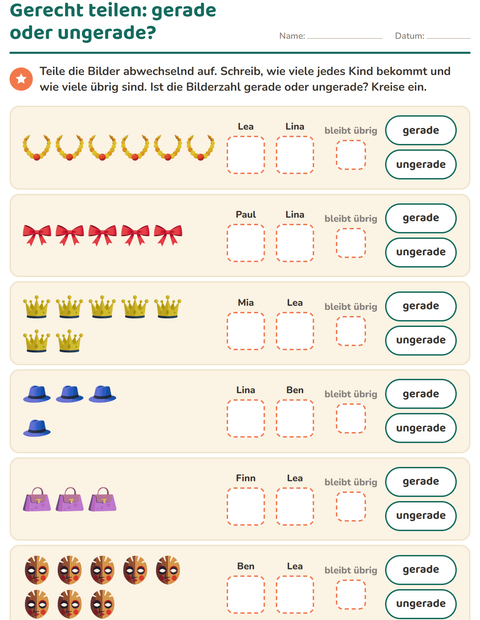 Vorschau: Gerade und ungerade Zahlen-Arbeitsblatt mit Accessoires für 1. Klasse