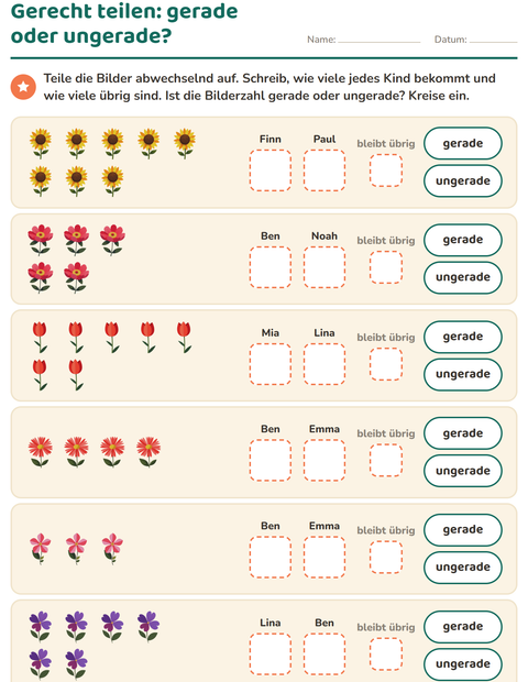 Vorschau: Gerade und ungerade Zahlen-Arbeitsblatt mit Blumen für 1. Klasse