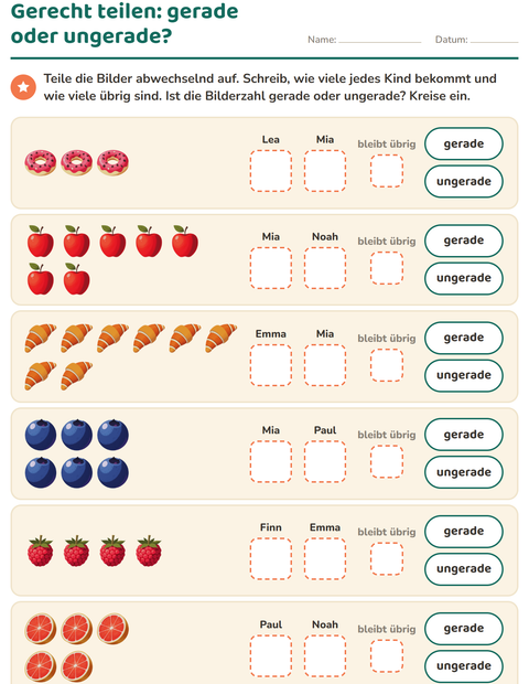Vorschau: Gerade und ungerade Zahlen-Arbeitsblatt mit Frühstück für 1. Klasse