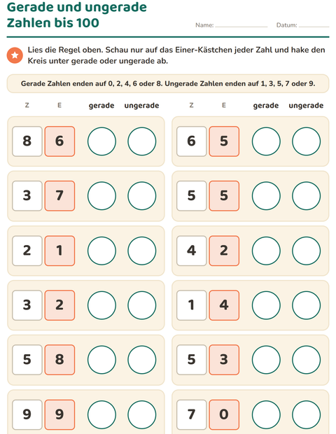 Vorschau: Gerade und ungerade Zahlen-Arbeitsblatt für 2. Klasse