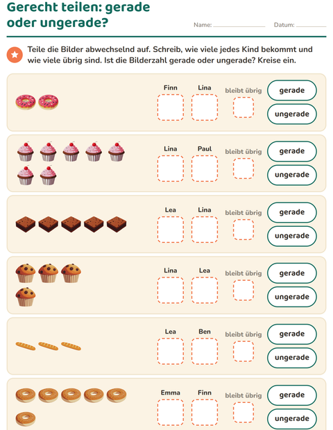 Vorschau: Gerade und ungerade Zahlen-Arbeitsblatt mit Bäckerei für 1. Klasse