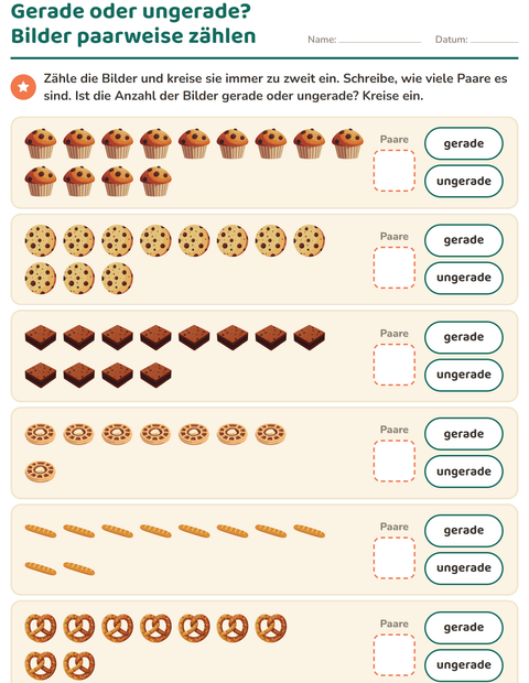 Vorschau: Gerade und ungerade Zahlen-Arbeitsblatt mit Bäckerei für 1. Klasse