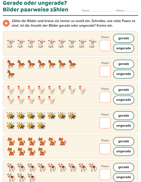 Vorschau: Gerade und ungerade Zahlen-Arbeitsblatt mit Bauernhoftiere für 1. Klasse