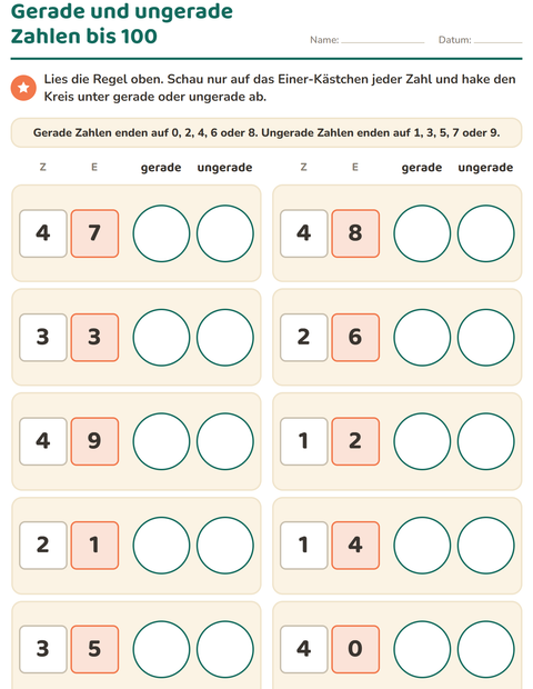 Vorschau: Gerade und ungerade Zahlen-Arbeitsblatt für 2. Klasse
