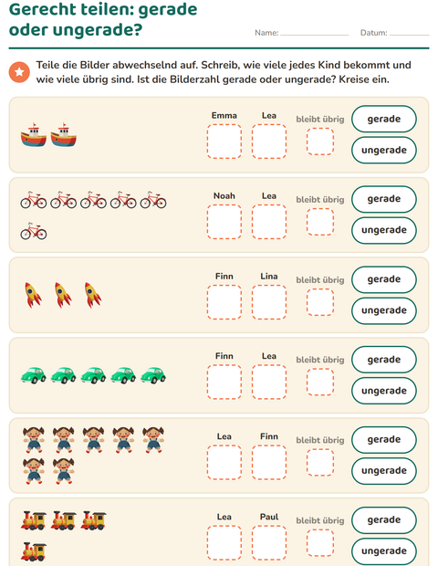Vorschau: Gerade und ungerade Zahlen-Arbeitsblatt mit Spielzeug für 1. Klasse