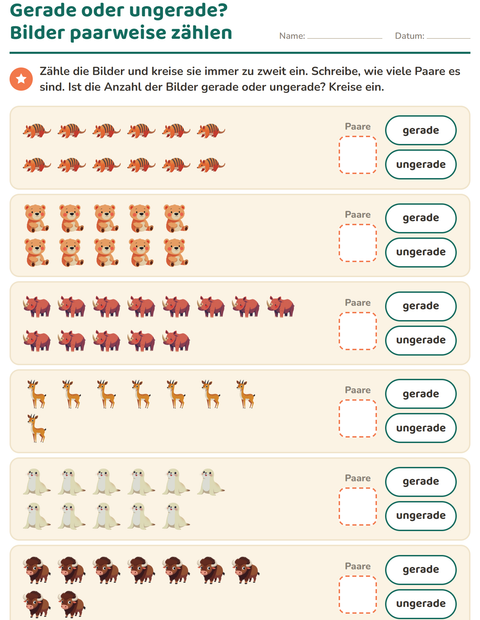 Vorschau: Gerade und ungerade Zahlen-Arbeitsblatt mit Zootiere für 1. Klasse
