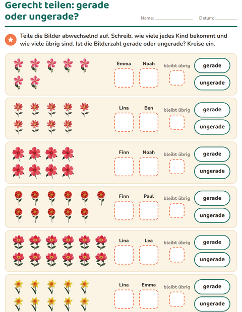 Vorschau: Gerade und ungerade Zahlen-Arbeitsblatt mit Blumen für 1. Klasse