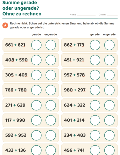 Vorschau: Gerade und ungerade Zahlen-Arbeitsblatt für 3. Klasse