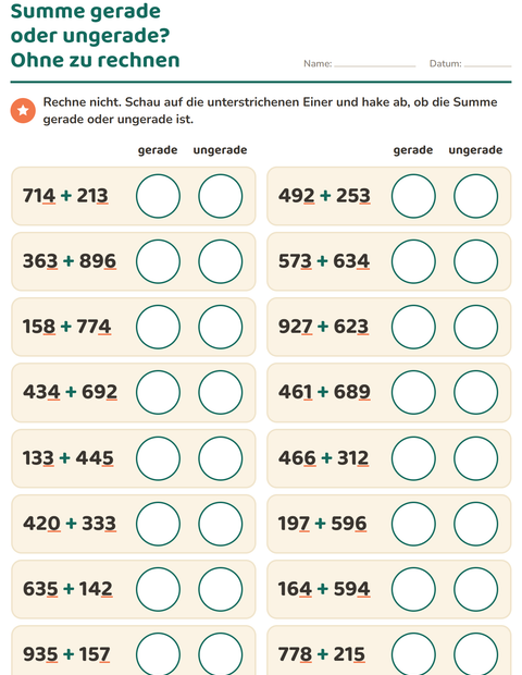 Vorschau: Gerade und ungerade Zahlen-Arbeitsblatt für 3. Klasse